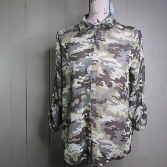Living Doll Sheer Blouse Shirt M Button Up Camo Green Brown - Picture 3 of 12